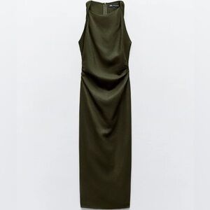 NWT Zara Olive Green TWISTED LINEN BLEND MIDI DRESS